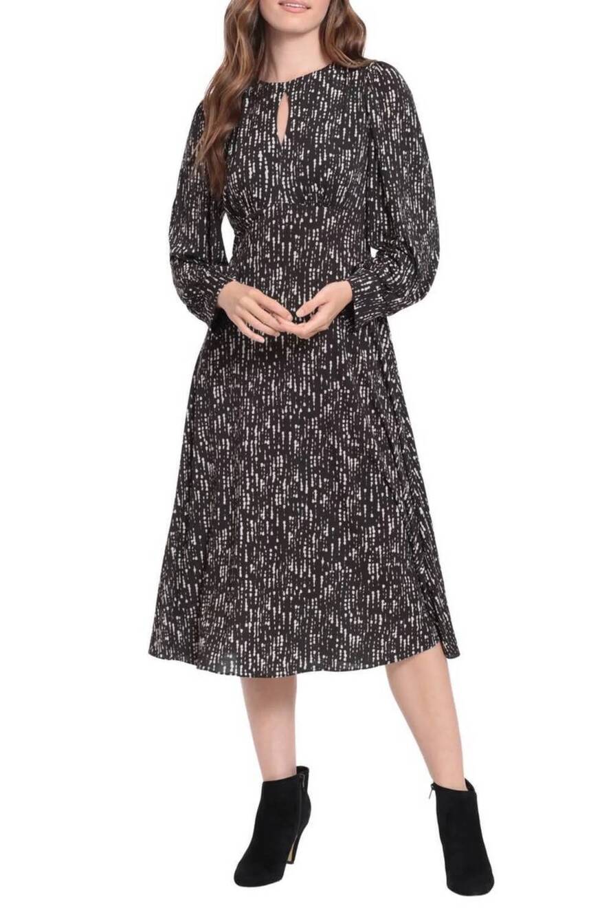 NEW LONDON TIMES printed long sleeve a-line dress in black combo